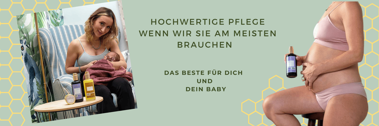 Banner mit Marina Zubrod, der Gründerin von Matica Cosmetics, die sowohl ihr Baby hält als auch als schwangere Frau ihren Bauch streichelt. Dezent präsentiert: Nip Butter Ava, Babyöl Liv und Mama Belly & Butt Öl.